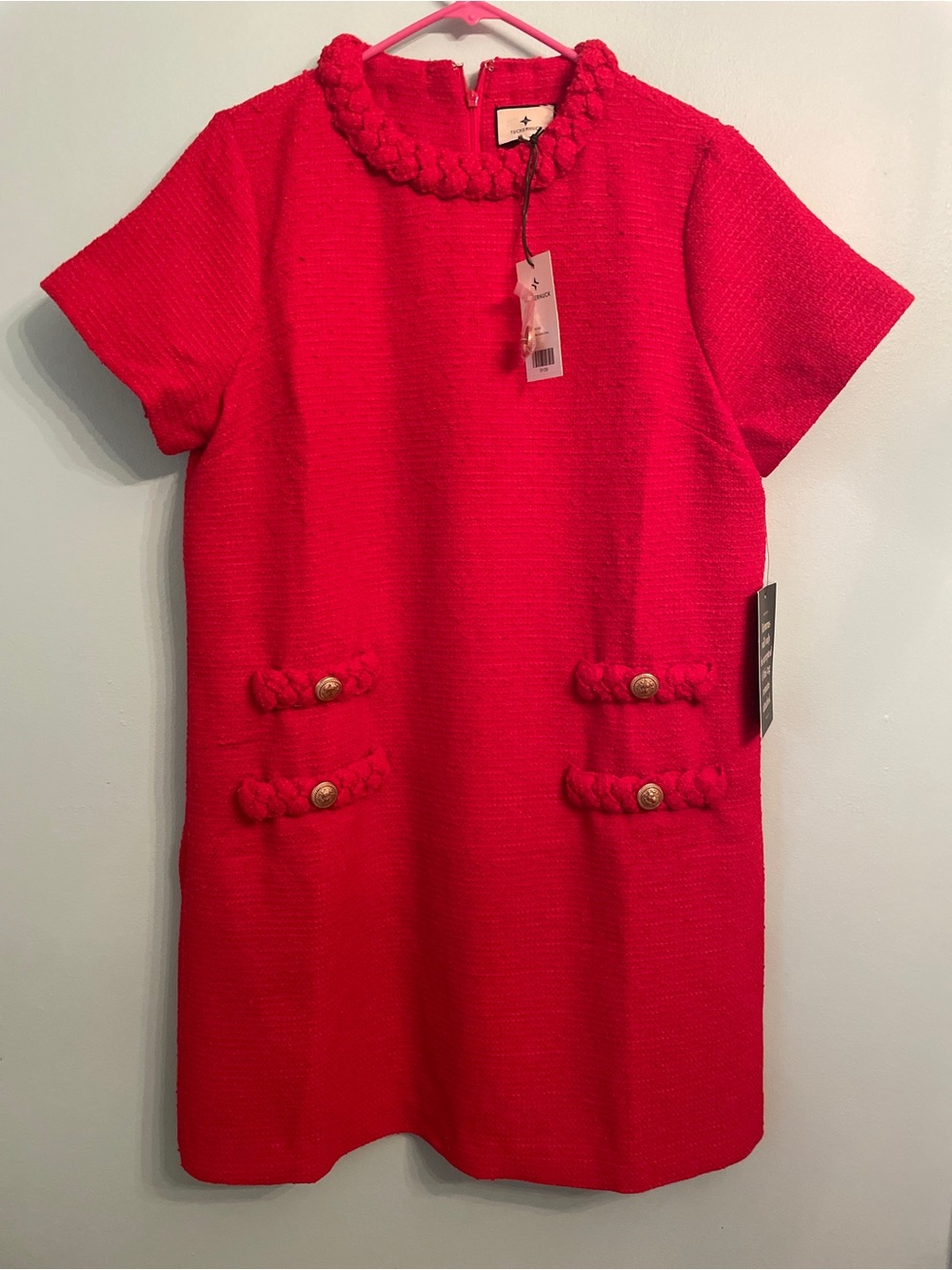 Tuckernuck Red Textured Short-Sleeve Shift Dress with Braided Trim